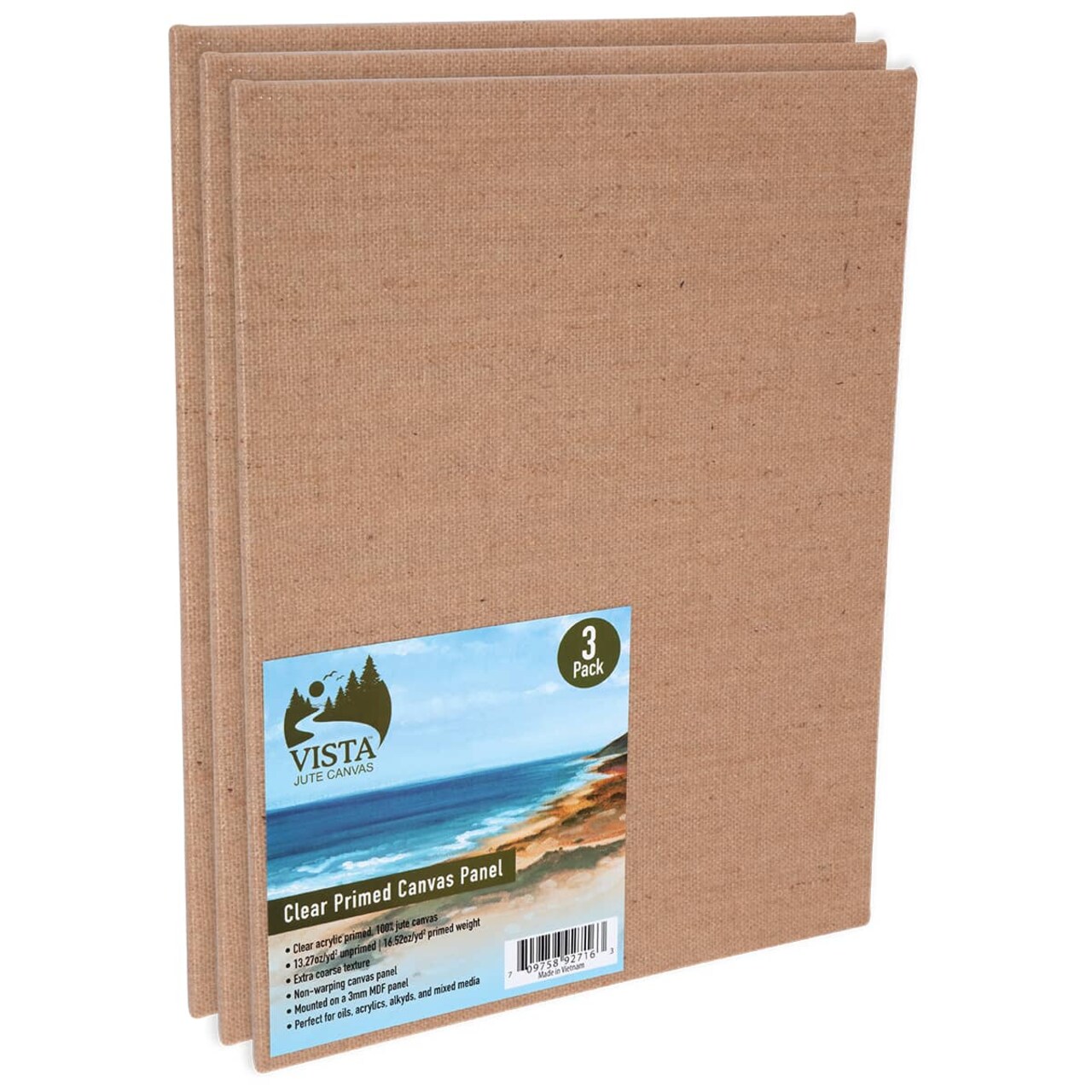 Vista Jute Clear-Primed Canvas Panels - 9"x12", 3 Pack - Blank Canvas for Traditional Oils, Eco Friendly, 100% Jute, Double Primed, Extra Coarse Texture, Ideal for Dry Brush and Impasto Techniques